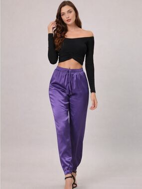 Purple Satin Jogger Pants - Women's Elastic Waist